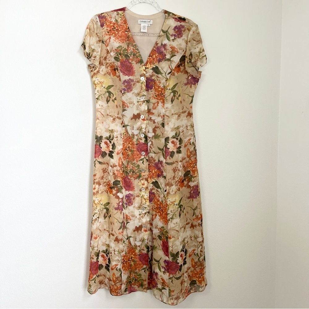 Coldwater Creek 100% Silk Dress Long Floral Short Sleeve Button Cottage 8P